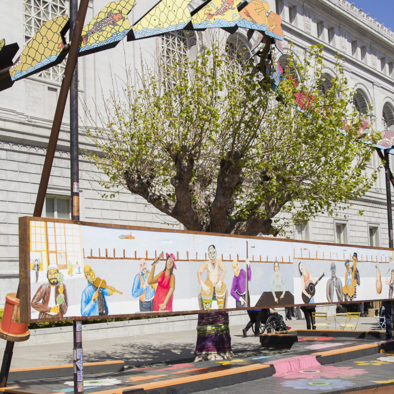 A horizontal painted mural depicting musicians with a painted dragon mounted above
